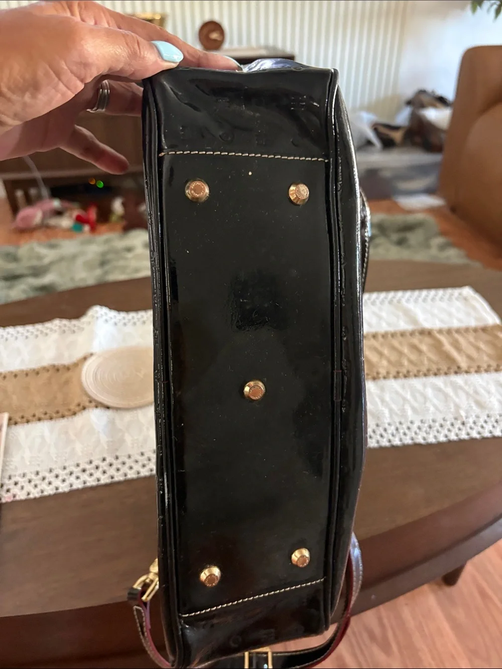 Arcadia Black Patent Leather Satchel with Gold Hardware and Red-Trim Strap